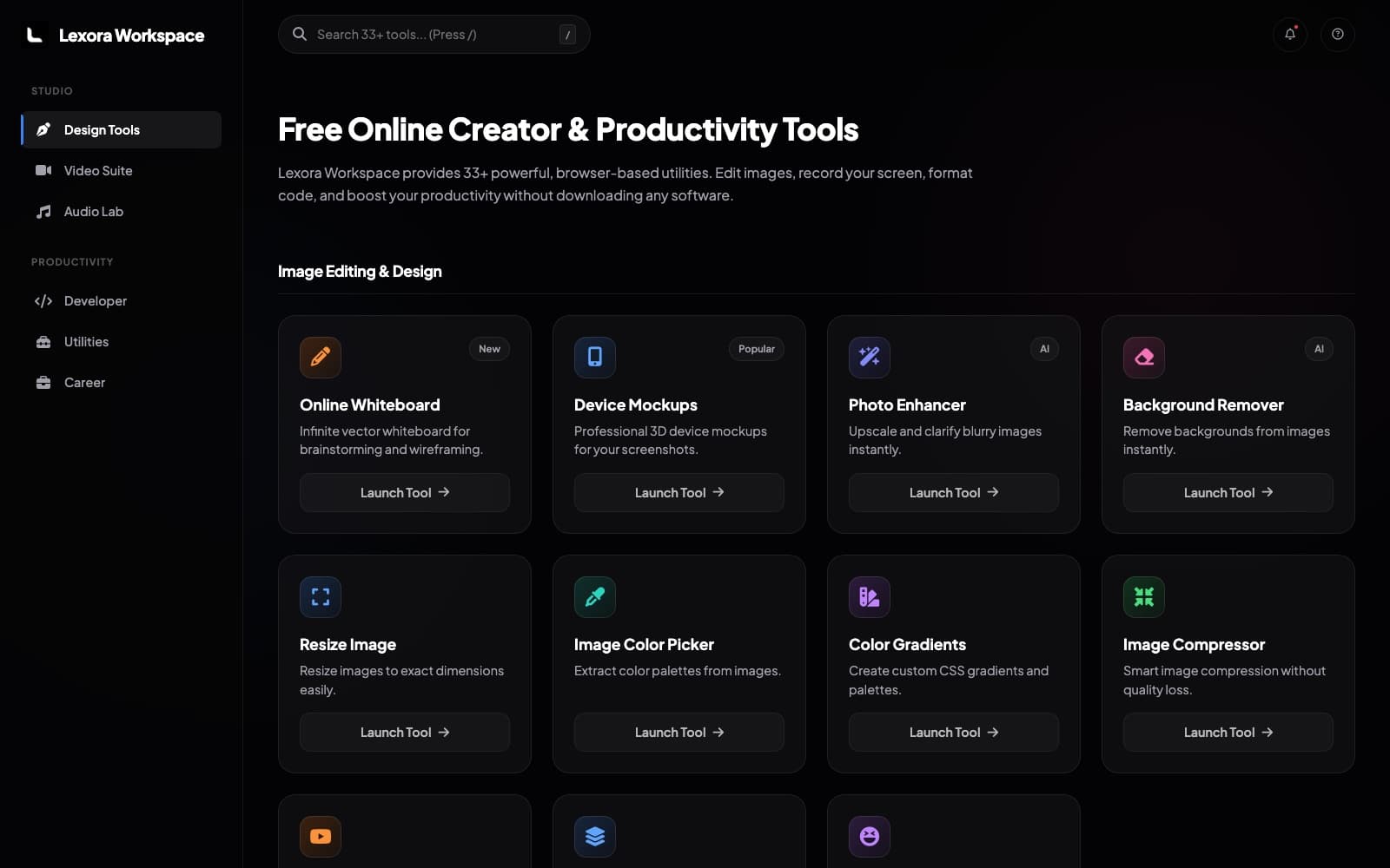 A 33-tool creator suite that runs entirely in the browser — screenshot of the live product. One workspace with 33 tools across design, video, audio and developer tooling — whiteboard, device mockups, background removal, image compression, code formatting. The work happens in your browser. No install, no account, nothing uploaded.